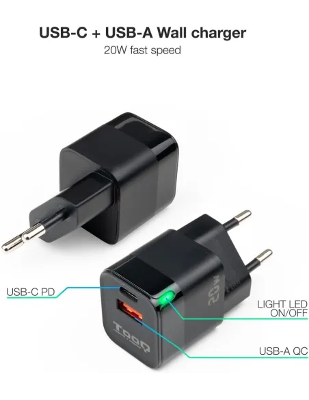 TooQ TQWC-QCPD20 Cargador de Pared 20W USB-C + USB-A Negro
