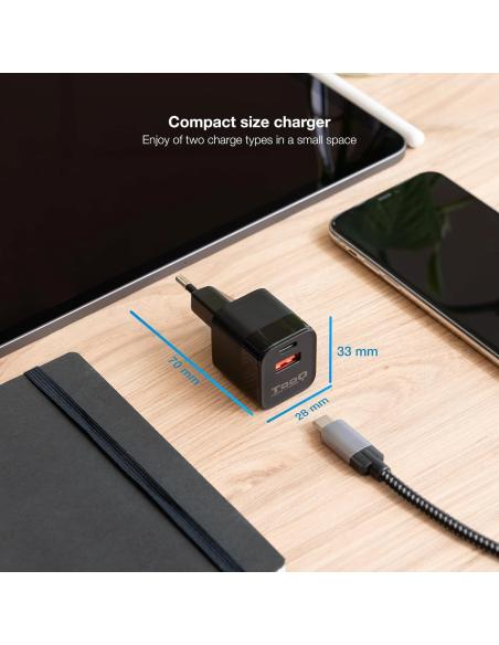 TooQ TQWC-QCPD20 Cargador de Pared 20W USB-C + USB-A Negro