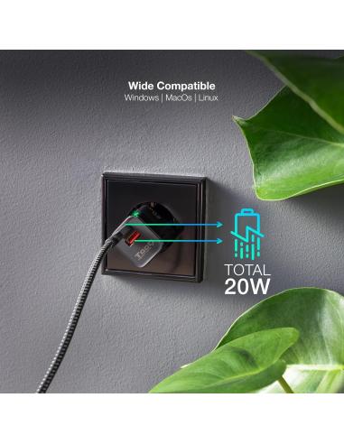 TooQ TQWC-QCPD20 Cargador de Pared 20W USB-C + USB-A Negro