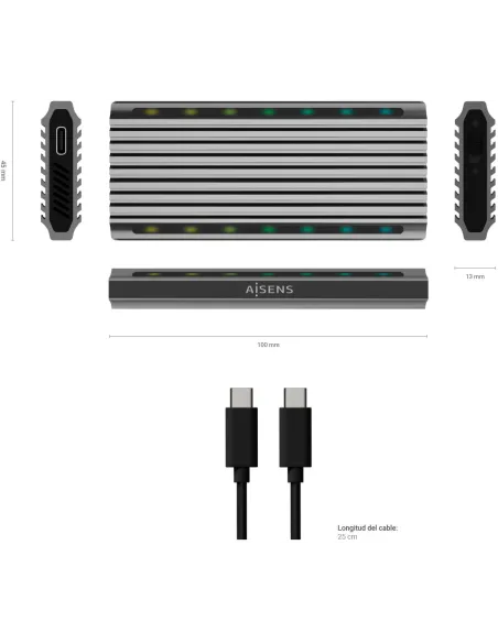 Aisens ASM2-RGB011GR Caja Externa para Disco Duro SSD M.2 SATA/NVMe USB-C Gris