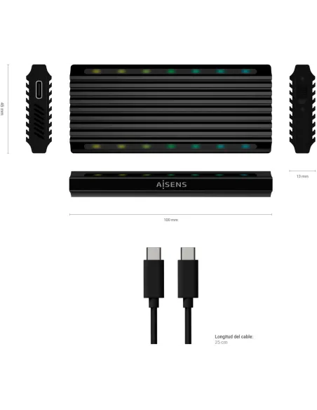 Aisens ASM2-RGB011GR Caja Externa para Disco Duro SSD M.2 SATA/NVMe USB-C Negra