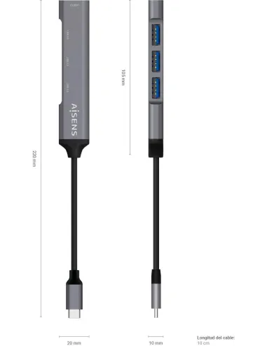 Aisens A109-0541 HUB USB-C 3.0 a USB-A 3.0 4 Puertos 10 cm Gris