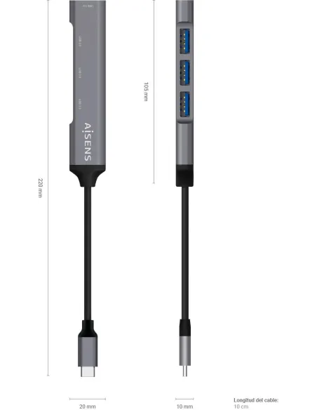 Aisens A109-0541 HUB USB-C 3.0 a USB-A 3.0 4 Puertos 10 cm Gris