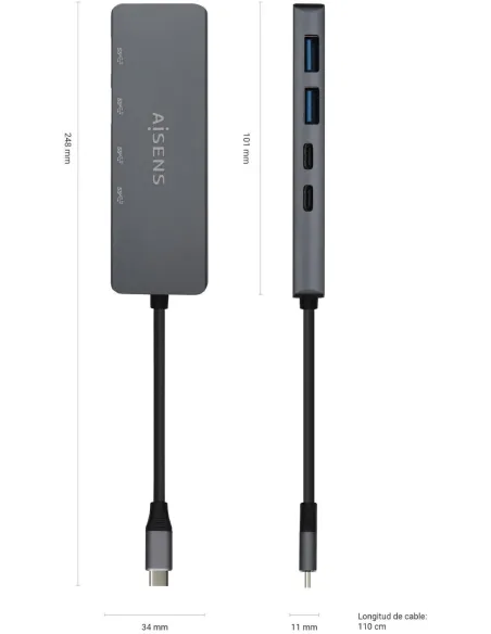 Aisens A106-0744 HUB USB-C 3.0 a USB-C 3.0 y USB-A 3.0 4 Puertos 15 cm Gris