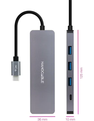 Nanocable 10.16.4409 HUB USB-C 3.0 a USB-A 3.0 4 Puertos 10 cm Gris