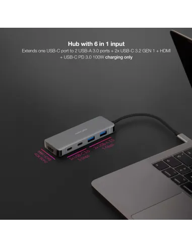 Nanocable 10.16.1006 HUB USB-C 3.0 a USB-A 3.0/USB-C 3.0/HDMI 6 Puertos 15 cm Negro