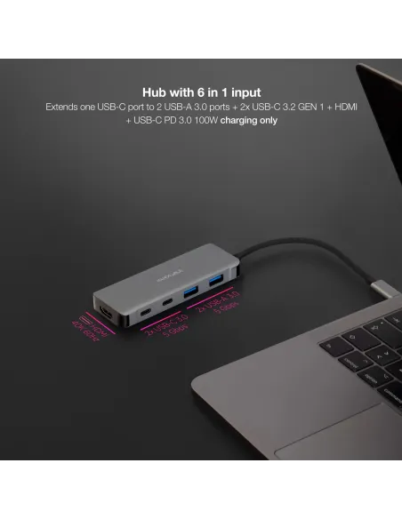 Nanocable 10.16.1006 HUB USB-C 3.0 a USB-A 3.0/USB-C 3.0/HDMI 6 Puertos 15 cm Negro