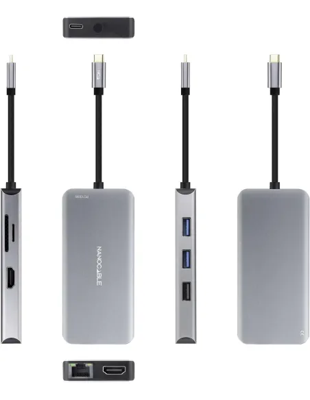 Nanocable 10.16.1009 HUB USB-C 3.0 a USB-A 2.0 y 3.0/HDMI/RJ-45/microSD/SD 9 Puertos 15 cm Gris
