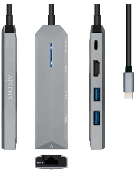 Aisens ASUC-5P003-GR Docking Station 5 Puertos USB-C a USB-A/USB-C/HDMI/RJ-45 15 cm Gris