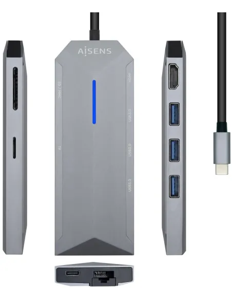 Aisens ASUC-8P004-GR Docking Station 8 Puertos USB-C a USB-A/USB-C/RJ-45/microSD/SD 15 cm Gris