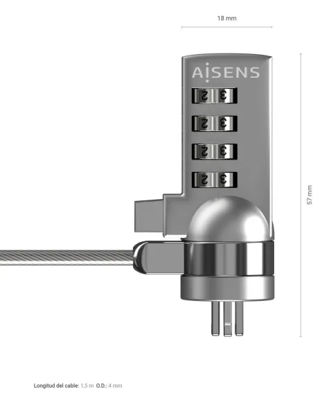 Aisens ASLK-D40N01-SL Cable de Seguridad con Cerradura de Combinacion para Portatil 1.5m Gris