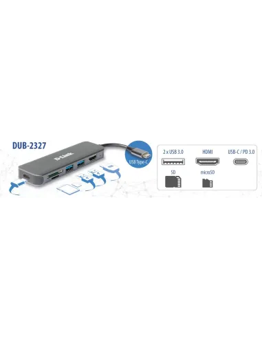D-Link DUB-2327 HUB USB-C a USB-C/USB-A/microSD/SD/HDMI 6 Puertos Gris