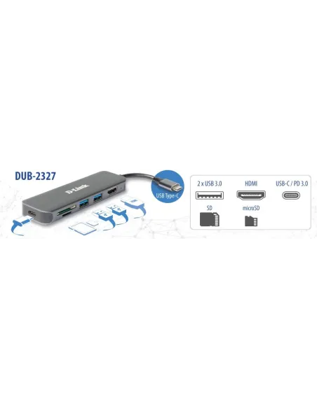 D-Link DUB-2327 HUB USB-C a USB-C/USB-A/microSD/SD/HDMI 6 Puertos Gris