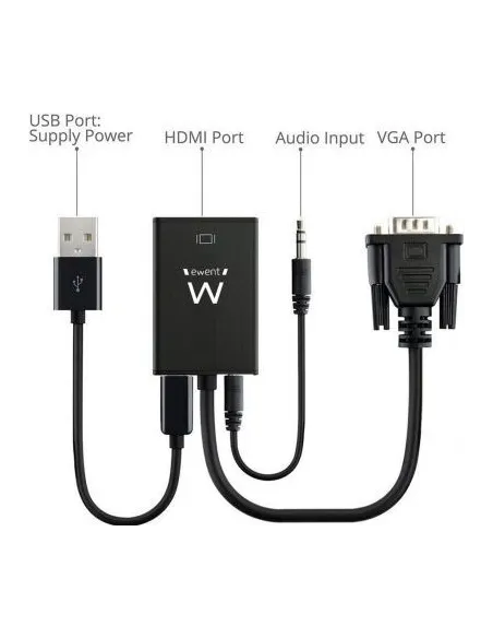 Ewent EW9866 Convertidor de Imagen VGA a HDMI/USB-A PD/Jack 3.5 mm 20,2 cm Negro