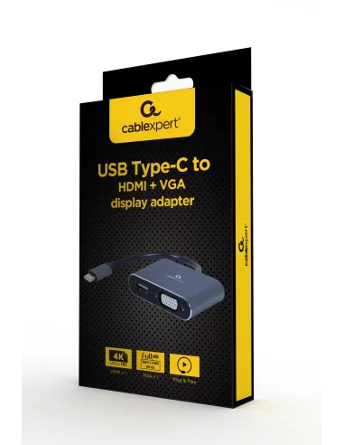 Gembird A-USB3C-HDMIVGA-01 Adaptador de Imagen USB-C a HDMI/VGA 4K 15 cm Gris