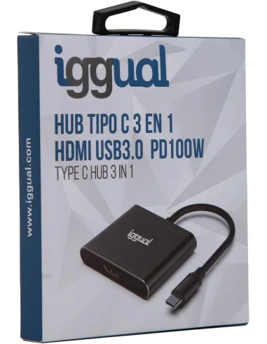 Iggual IGG318461HUB USB-C a HDMI 4K/USB-C PD/USB-A 18cm Negro