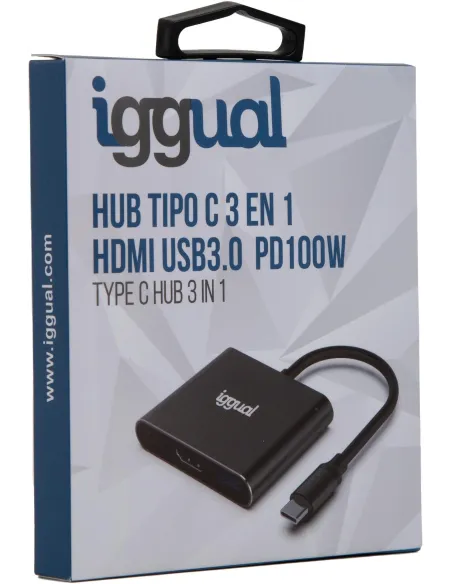Iggual IGG318461HUB USB-C a HDMI 4K/USB-C PD/USB-A 18cm Negro