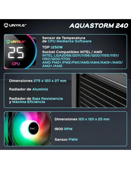 Unyka Aquastorm 240 ARGB Kit de Refrigeración Líquida 240mm Negro