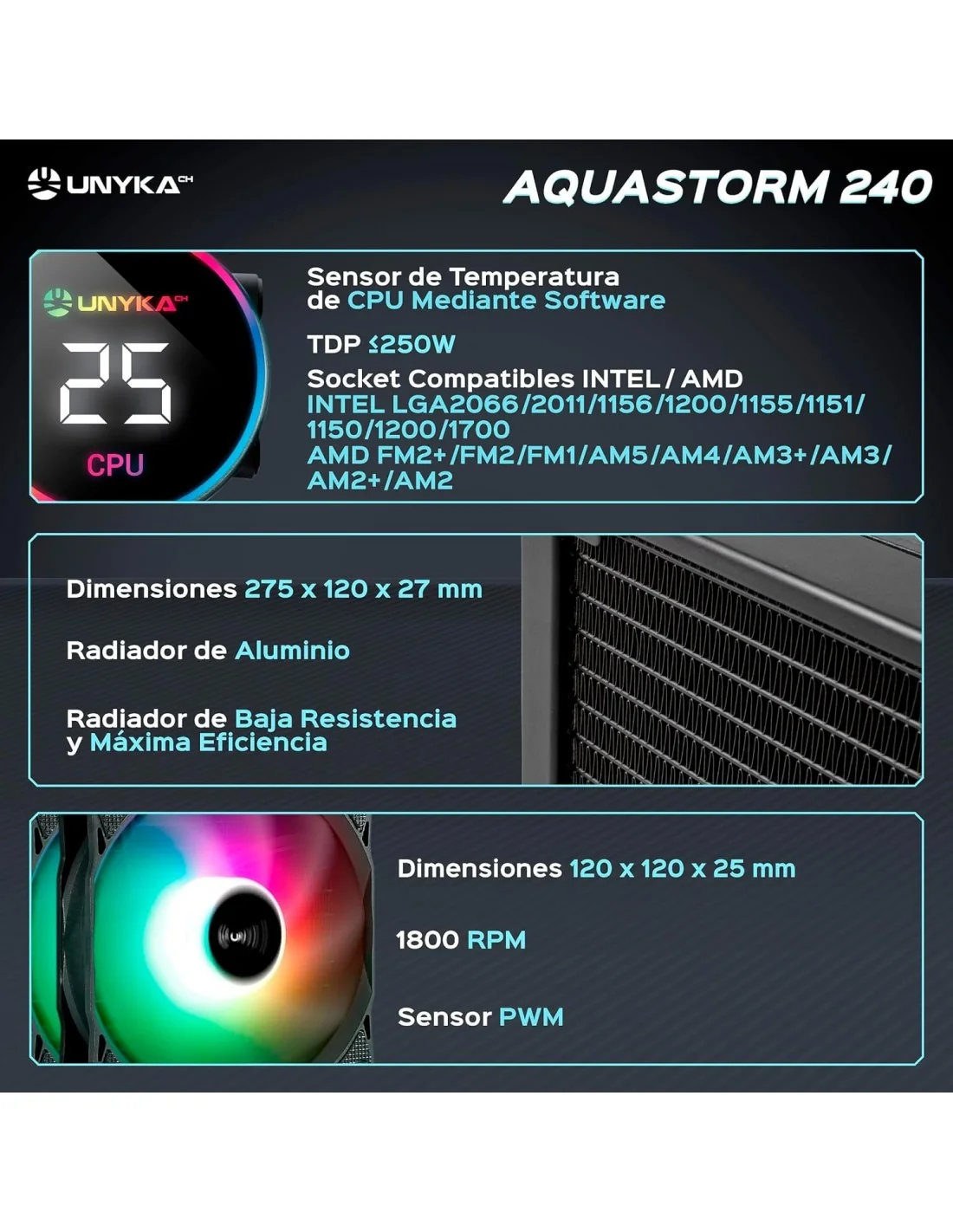 Unyka Aquastorm 240 ARGB Kit de Refrigeración Líquida 240mm Negro