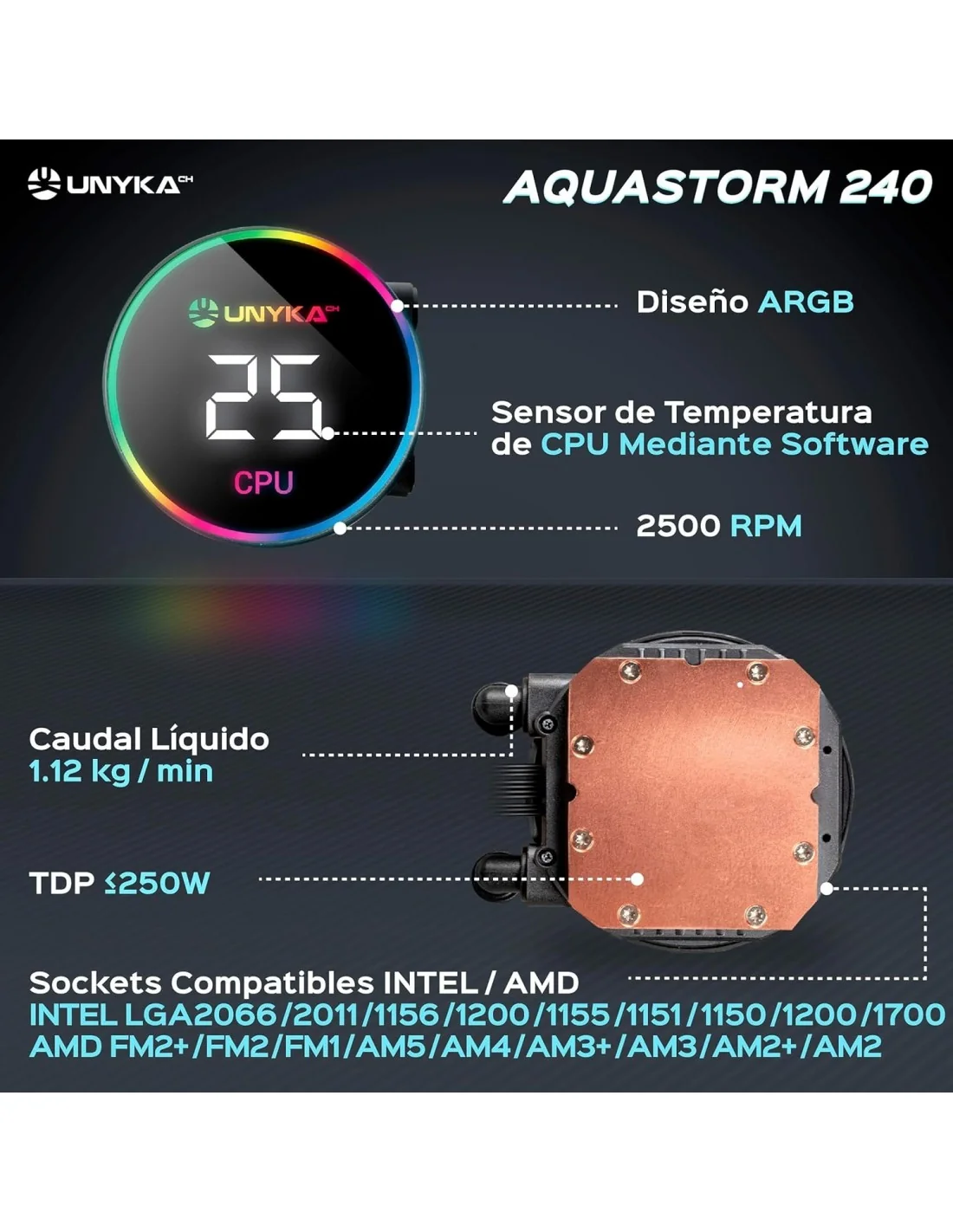 Unyka Aquastorm 240 ARGB Kit de Refrigeración Líquida 240mm Negro