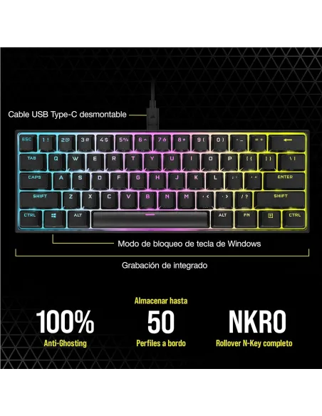 Corsair K65 Mini Teclado Mecánico Gaming RGB Switch Cherry MX Red Negro