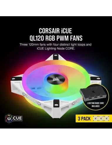 Corsair iCUE QL120 RGB PWM Triple Fan Kit Blanco con Lightning Node Core 120mm