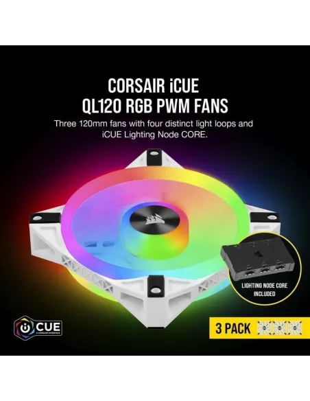 Corsair iCUE QL120 RGB PWM Triple Fan Kit Blanco con Lightning Node Core 120mm