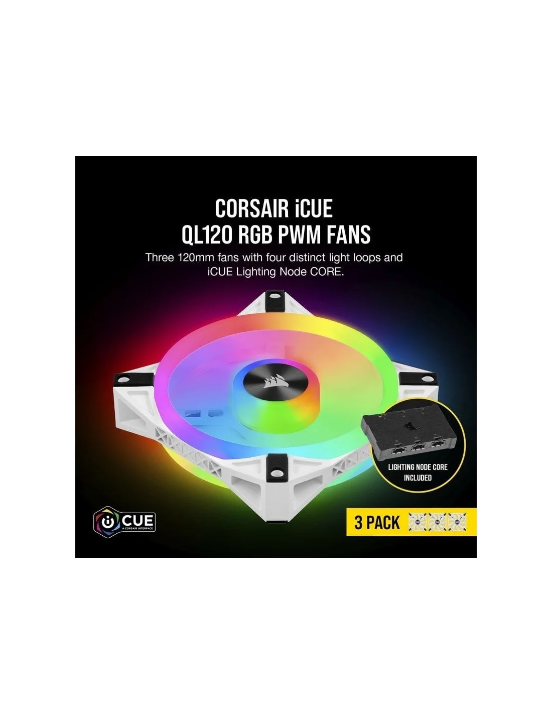 Corsair iCUE QL120 RGB PWM Triple Fan Kit Blanco con Lightning Node Core 120mm