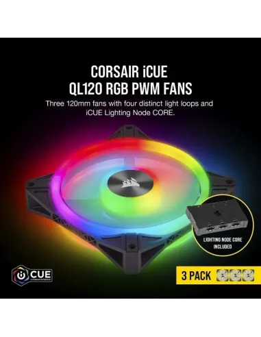 Corsair iCUE QL120 RGB Pack de Tres Ventiladores con Lighting Node CORE Negro