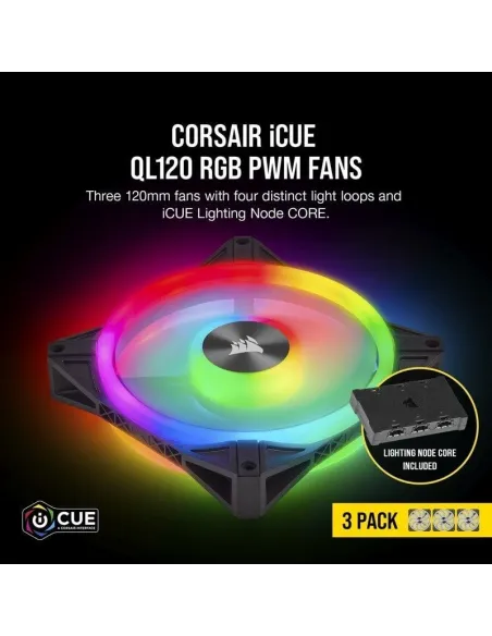 Corsair iCUE QL120 RGB Pack de Tres Ventiladores con Lighting Node CORE Negro