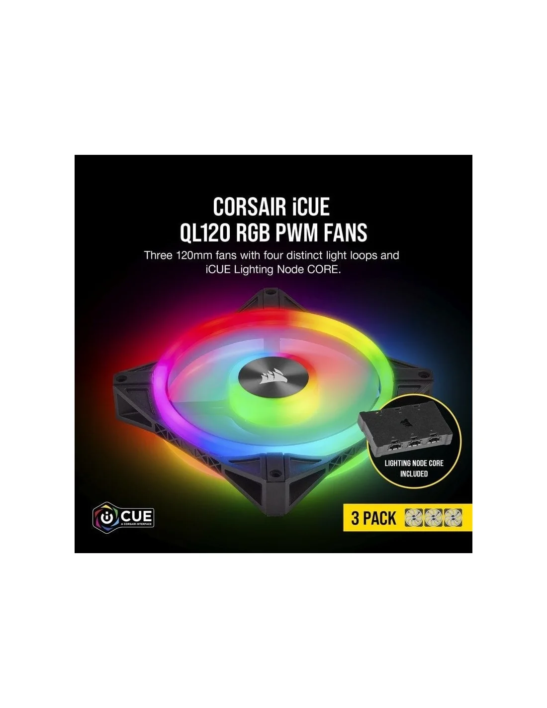 Corsair iCUE QL120 RGB Pack de Tres Ventiladores con Lighting Node CORE Negro