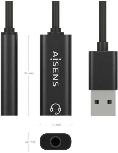 Aisens A106-0770 Conversor de Audio USB-A a Jack 3,5 mm 10 cm Negro
