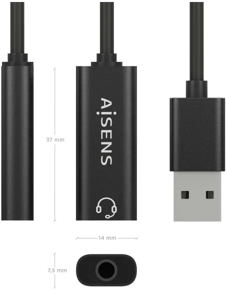 Aisens A106-0770 Conversor de Audio USB-A a Jack 3,5 mm 10 cm Negro