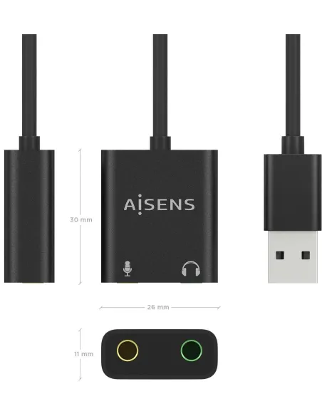 Aisens A109-0769 Conversor de Audio USB-A a Jack 3,5 mm 10 cm Negro