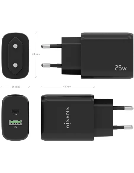 Aisens A110-0759 Cargador USB-A y USB-C 25 W Negro