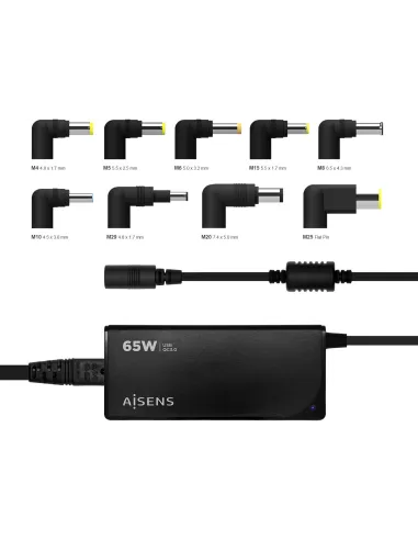 Aisens ASLC-65WAUTO-BK Cargador Portátil 65 W 9 Conectores + USB-A 1.2M Negro