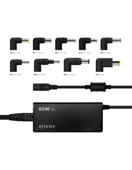 Aisens ASLC-65WAUTO-BK Cargador Portátil 65 W 9 Conectores + USB-A 1.2M Negro