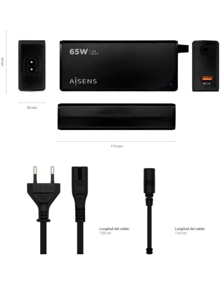 Aisens ASLC-65WAUTO-BK Cargador Portátil 65 W 9 Conectores + USB-A 1.2M Negro