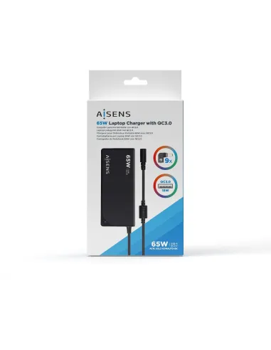 Aisens ASLC-65WAUTO-BK Cargador Portátil 65 W 9 Conectores + USB-A 1.2M Negro