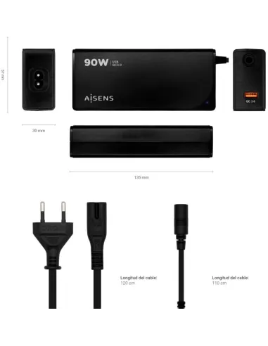 Aisens ASLC-90WAUTO-BK Cargador Portátil 90 W 12 Conectores + USB-A 1.2M Negro