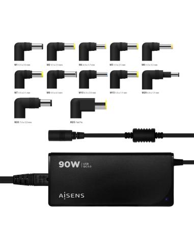 Aisens ASLC-90WAUTO-BK Cargador Portátil 90 W 12 Conectores + USB-A 1.2M Negro