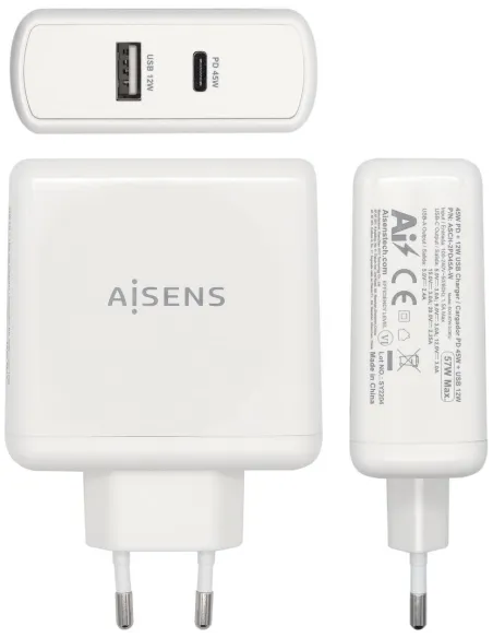 Aisens ASCH-2PD45A-W Cargador Carga Rápida USB-A y USB-C 57 W Blanco
