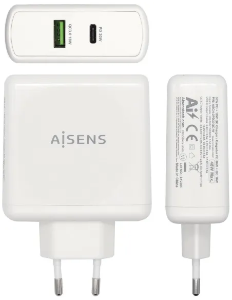 Aisens ASCH-2PD30QC-W Cargador Carga Rápida USB-A y USB-C 48 W Blanco