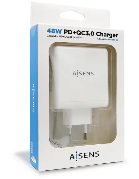 Aisens ASCH-2PD30QC-W Cargador Carga Rápida USB-A y USB-C 48 W Blanco