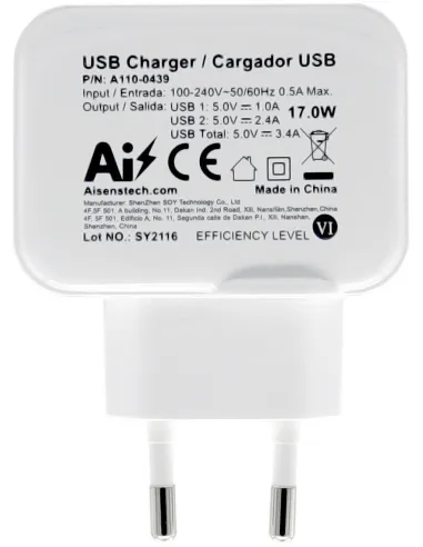 Aisens A110-0439 Cargador 2x USB-A 17W Blanco