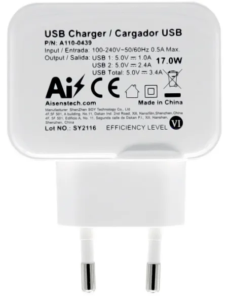 Aisens A110-0439 Cargador 2x USB-A 17W Blanco