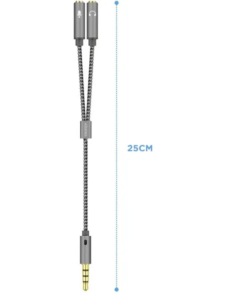 Aisens A128-0418 Adaptador de Audio Jack 3.5 mm 3 Pines a Jack 3.5 mm 4 Pines 25 cm Gris