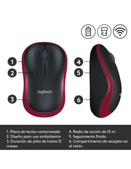 Logitech M185 Ratón Inalámbrico 1000DPI Rojo