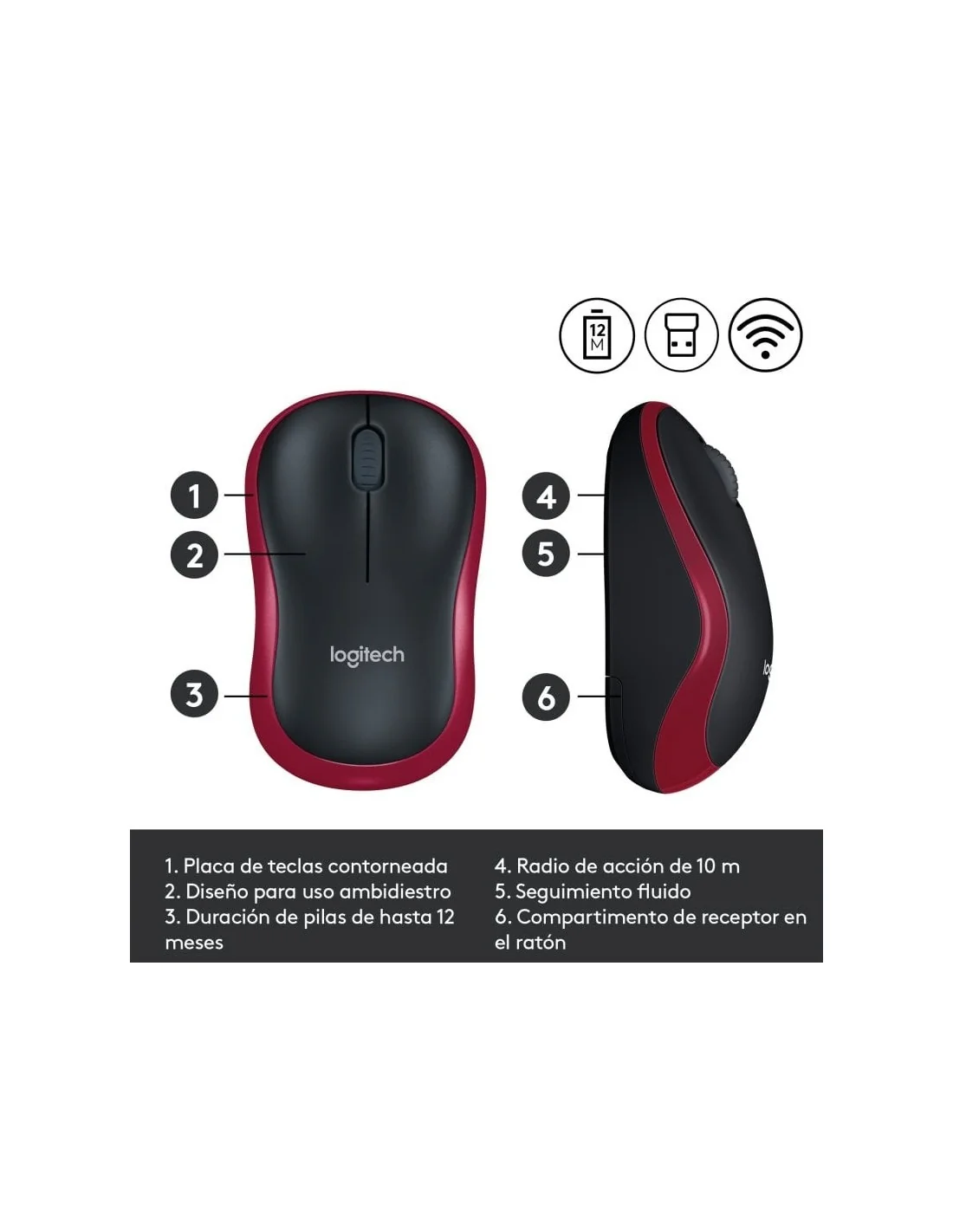 Logitech M185 Ratón Inalámbrico 1000DPI Rojo