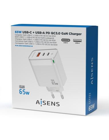 Aisens ASCH-65W3P007-W Cargador de Smartphone USB-A y USB-C 65 W Blanco